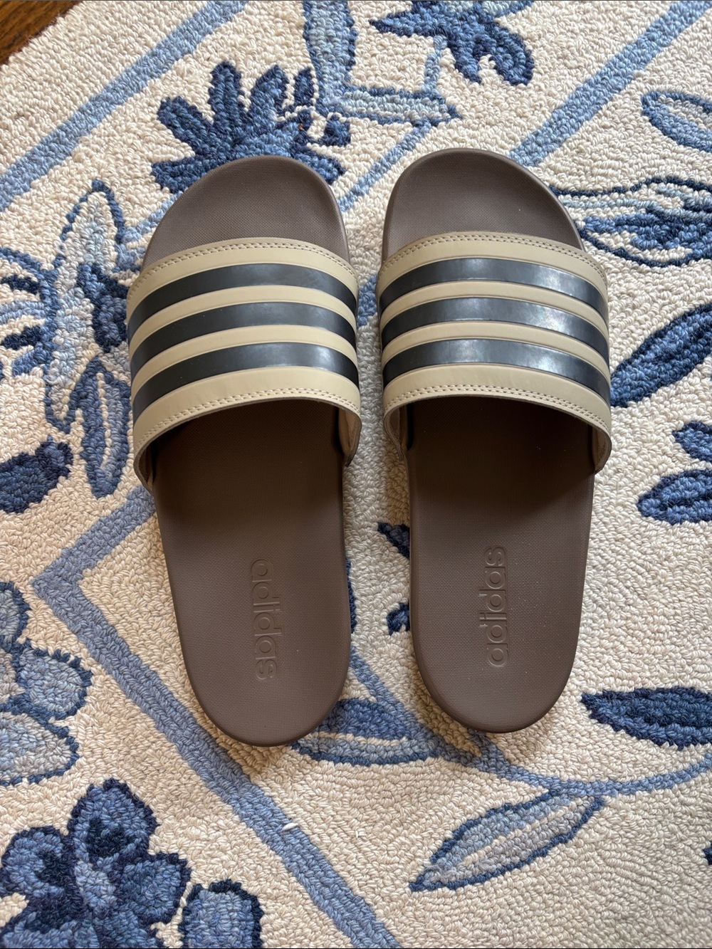 Men’s Adidas Brown Slide Sandals with Beige and Black Stripes